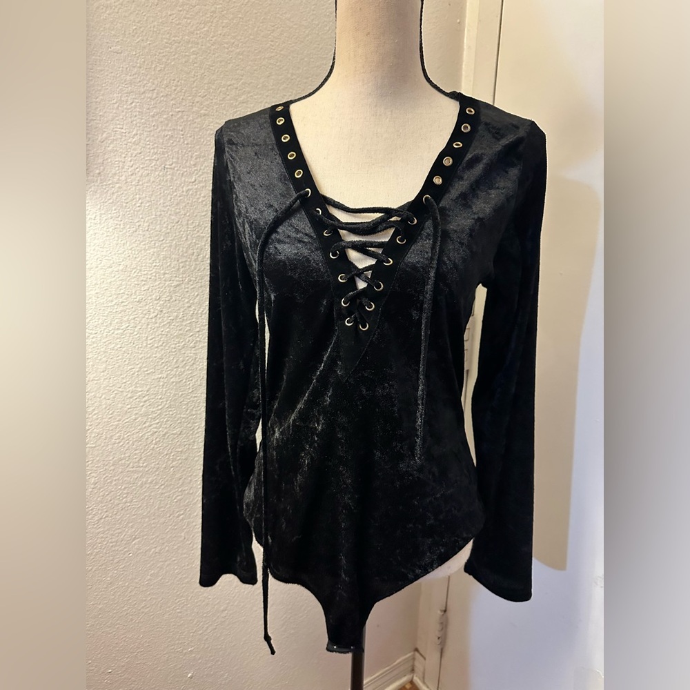 Hustler Hollywood Black Lace-Up Bodysuit Blouse